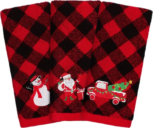 MCEAST Paquete de 3 toallas de mano navideñas de 14 x 25 pulgadas, toallas de algodón bordadas, toallas de baño navideñas rojas y negras a cuadros