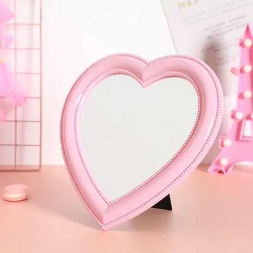 Miniatura 2 de Mokoze Espejo en forma de corazón para escritorio o pared, espejo de tocador rosa claro de 11 x 10.6 pulgadas con soporte y agujero para colgar