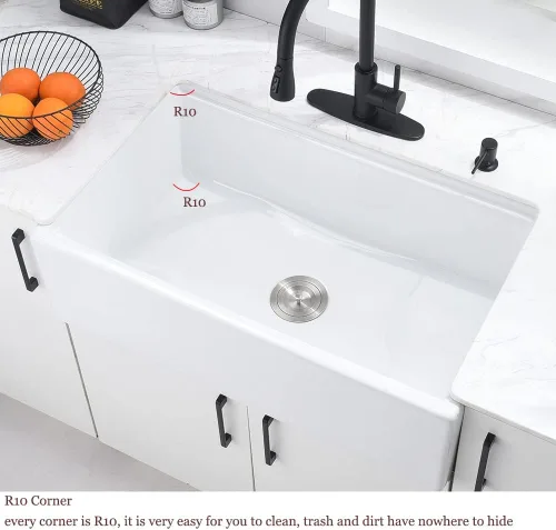 Miniatura 5 de Fregadero de cocina de arcilla refractaria de 33 pulgadas, 33 x 20 pulgadas, color blanco, delantal frontal de cerámica de porcelana de campo