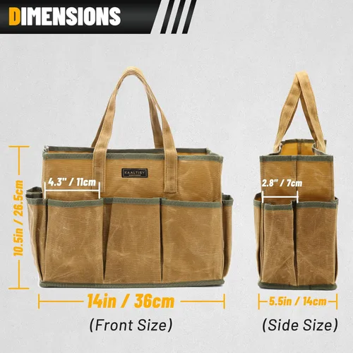 Miniatura 2 de Bolsa de herramientas de lona encerada de 16 onzas Bolsa de almacenamiento de herramientas de gran capacidad con 10 bolsillos externos Caqui
