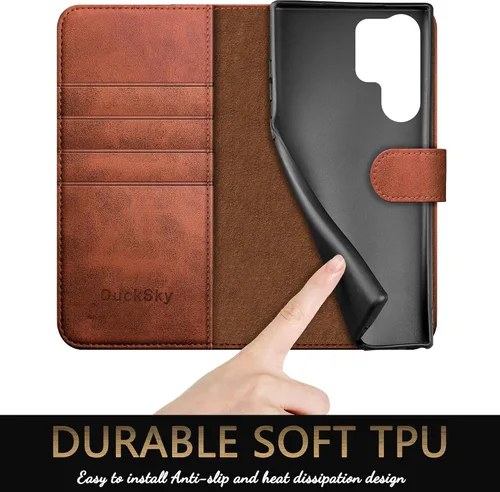 Miniatura 6 de DuckSky Funda tipo cartera de cuero genuino para Samsung Galaxy S23 Ultra con bloqueo RFID, 4 tarjeteros de crédito. 【Cuero auténtico】 Funda Marrón