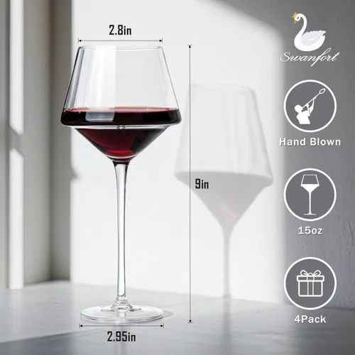 Miniatura 3 de Juego de 4 copas de vino tinto, elegantes copas de vino de tallo largo de 15 onzas en caja de regalo, cristalería de primera calidad para bodas
