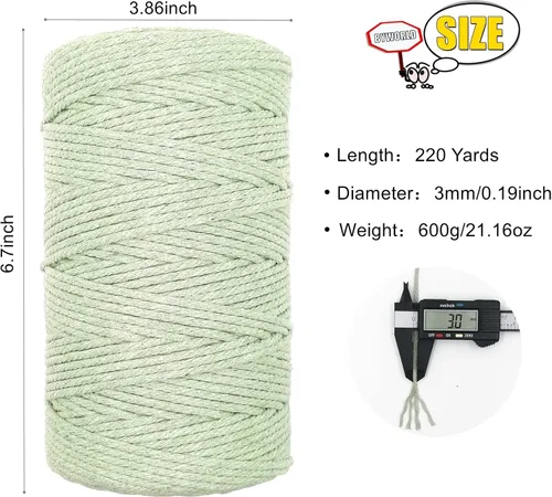 Miniatura 2 de Cuerda de algodón de 0.118 in, cuerda de 220 yardas, cuerda de macramé de algodón 100% natural para colgar plantas, colgar en la pared, decoración