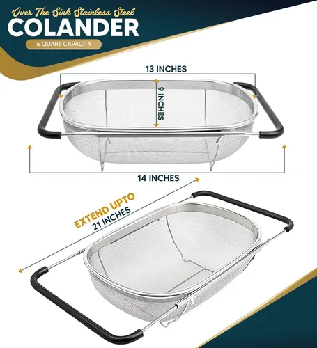 Miniatura 2 de Colador sobre el fregadero para cocina, cesta coladora sobre el fregadero de 6 cuartos de galón con asas ergonómicas extensibles y pies de apoyo