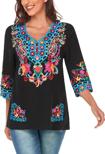 Miniatura 2 de YZXDORWJ Blusa de verano para mujer, estilo bohemio, estilo mexicano, con bordado bohemio