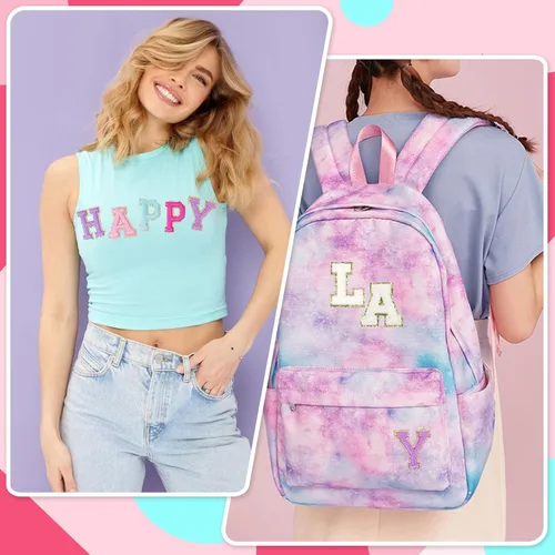 Miniatura 5 de 6 piezas de parches de letras de chenilla autoadhesivas con purpurina para planchar, parches de letras universitarias estilo preppy, letras difusas