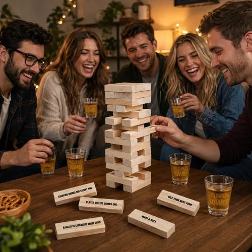 Miniatura 5 de ArtCreativity Juegos de beber en torre para adultos, con 4 vasos y 60 bloques de madera con desafíos, divertidos juegos de fiesta para adultos