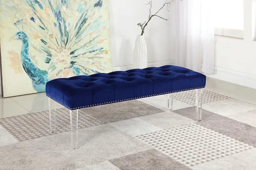 Miniatura 2 de Yafelle - Banco tapizado de terciopelo de 48 pulgadas con asiento copetudo, borde plateado con cabeza de clavo y 4 patas de acrílico transparente