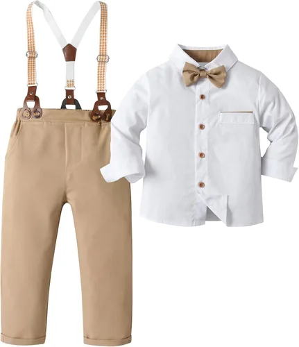 Miniatura 31 de Conjunto de pantalones para bebé, camisa de manga larga + pantalones + corbatín + tirantes, trajes de caballero para niños pequeños