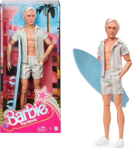 Barbie The Movie Ken Doll con juego de playa a rayas rosa pastel y verde con tabla de surf y zapatillas blancas