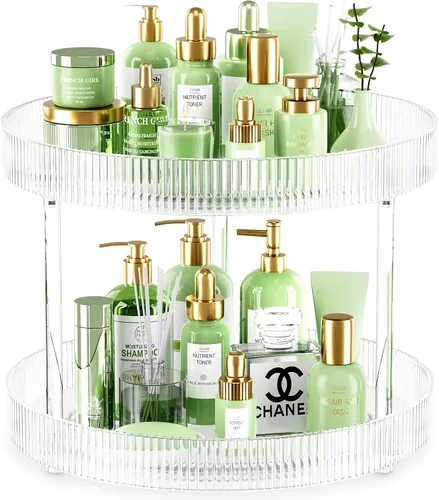 Acina Organizador de encimera de baño de 2 niveles: bandeja de almacenamiento giratoria de 360° Clear Lazy Susan - Estante giratorio para perfumes,