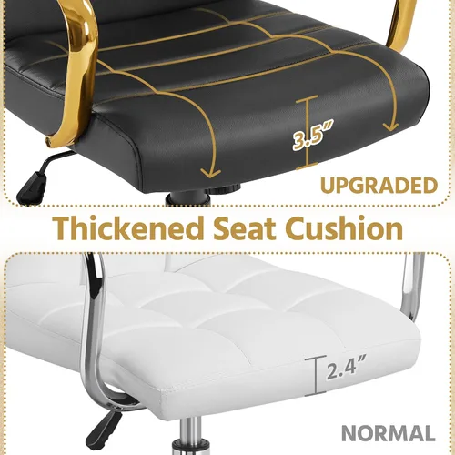 Miniatura 6 de Yaheetech Silla de Oficina de Respaldo Medio de Cuero PU Silla de Escritorio Ejecutiva Ajustable con Soporte Lumbar Patas Doradas Asiento Negro