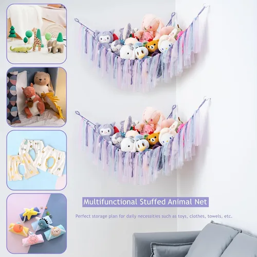 Miniatura 5 de Red de almacenamiento de animales de peluche, hamaca colgante de esquina para colgar en la pared, organizador de juguetes de felpa que ahorra Morado