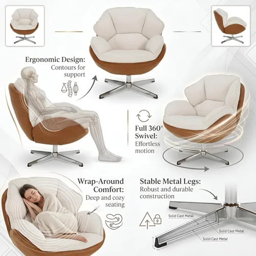 Miniatura 4 de BESTANO Silla giratoria de acento tapizada de chenilla, moderna silla de sala de estar con respaldo, base de metal de 360 grados, silla de lectura