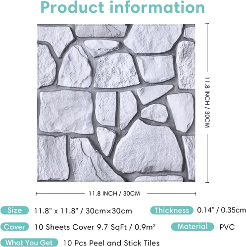 Miniatura 7 de Commomy 10 paneles de pared de piedra 3D para despegar y pegar, panel de pared de piedra sintética de 11.8 x 11.8 pulgadas, papel tapiz de ladrillo