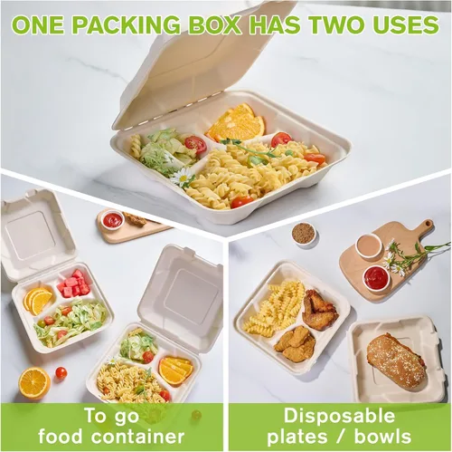 Miniatura 4 de ECOLipak Paquete de 300 recipientes con forma de ostra para llevar, 100% compostables y desechables, recipientes para llevar comida de 20,3 x 20,3 3
