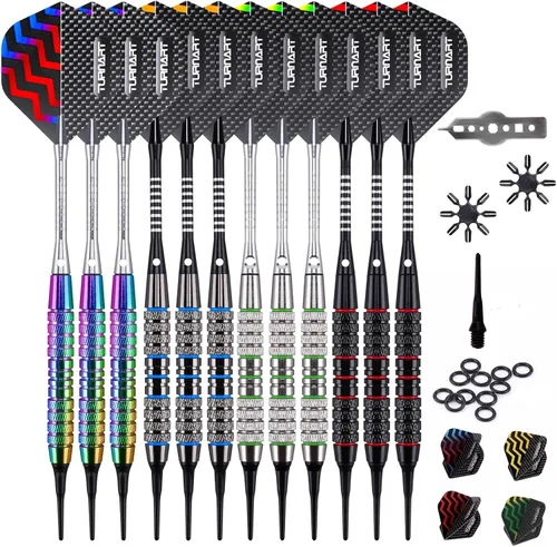 Miniatura 9 de Turnart Juego de dardos con punta de plástico - Juego de dardos profesionales de punta suave para tablero electrónico de 12 piezas, 18 gramos con 50