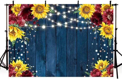 Miniatura 3 de MEHOFOND Telón de fondo de girasol azul marino burdeos para bodas, fiestas, cumpleaños, suministros de suministros de pancartas de madera rústica