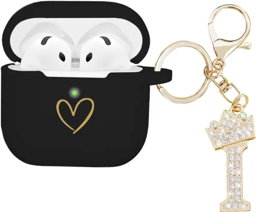 Miniatura 27 de Compatible con AirPods 4 Cover 2024, funda de silicona suave con patrón de corazón dorado para 4ª generación, llavero de letra A-Z con diamantes