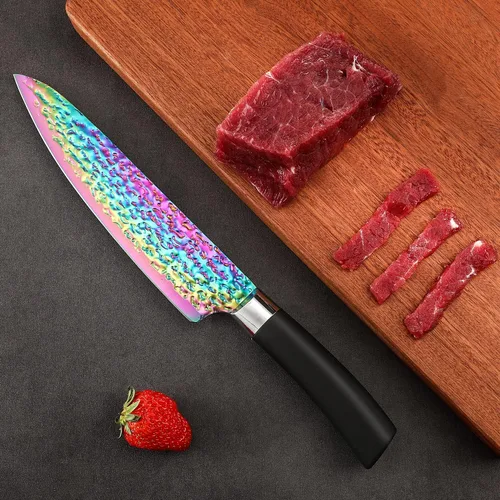 Miniatura 6 de Juego de cuchillos de titanio arcoíris, juego de cuchillos afilados de acero inoxidable con bloque acrílico, afilador, 6 cuchillos de carne, juego