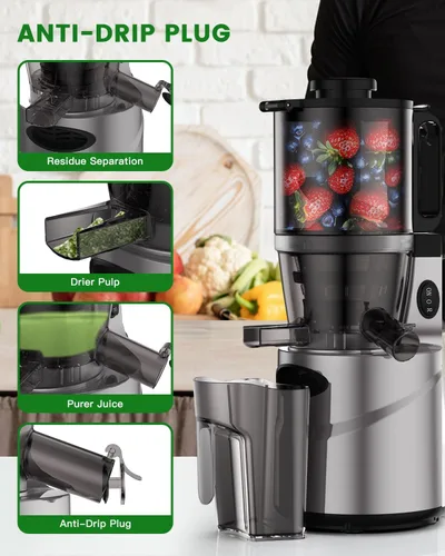 Miniatura 2 de Exprimidor de prensa en frío – Conducto de alimentación de 5.5 pulgadas, exprimidor masticador para frutas y verduras enteras, barrena de corte
