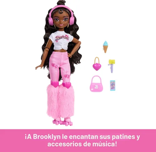 Miniatura 2 de Muñeca Barbie Dream Besties y accesorios, muñeca posable Barbie Brooklyn patinadora con temática de música y video con cabello castaño oscuro, 9