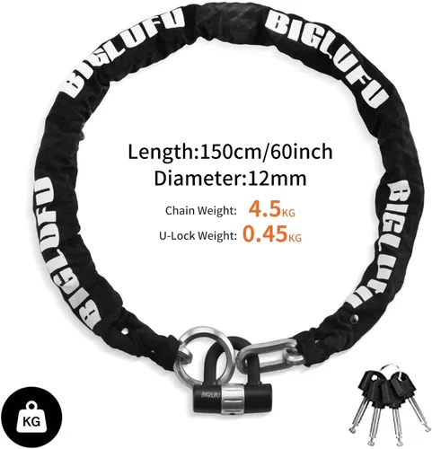 Miniatura 2 de BIGLUFU - Candado de Cadena para Motocicleta, Candados de Cadena de 120 cm/4 pies de Largo, Resistente, Candado de Cadena para Bicicleta, a Prueba