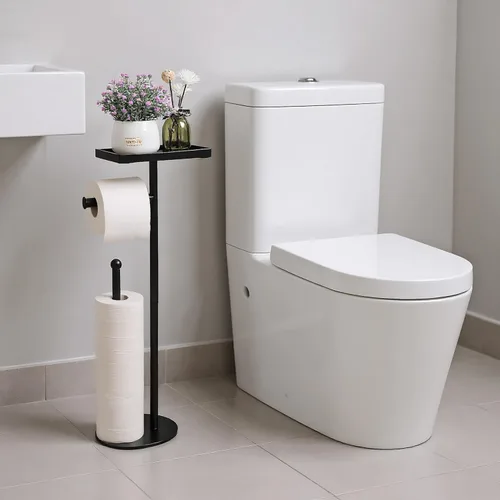 Miniatura 4 de Soporte de papel higiénico independiente con estante para teléfono, capacidad para 5 rollos de papel, soporte para rollo de papel de seda negro
