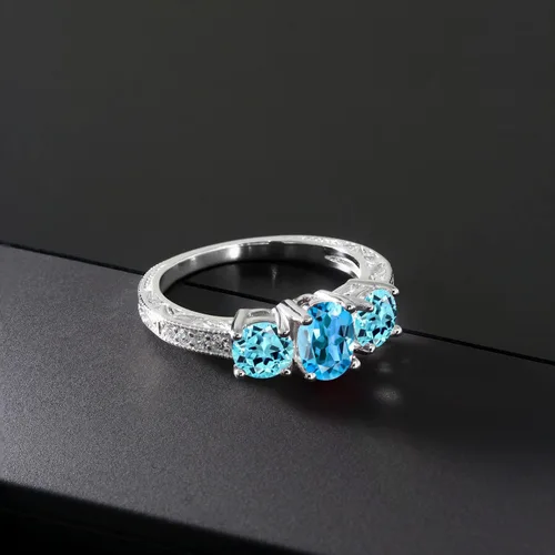 Miniatura 30 de Gem Stone King Anillo de compromiso de 3 piedras preciosas de oro blanco de 10 quilates con piedra natal y diamantes cultivados en laboratorio