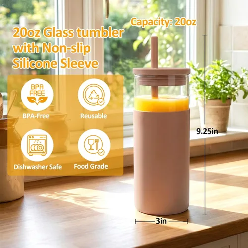 Miniatura 2 de Tronco Vaso de vidrio de 20 onzas con tapas y pajitas, vasos reutilizables para batidos con tapa de silicona, taza de café helado con funda
