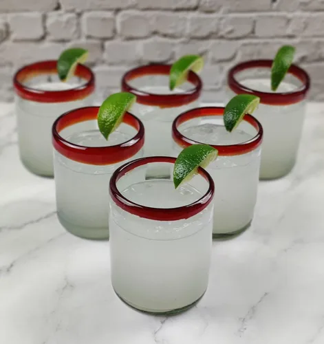Miniatura 8 de Dos Sueños Vasos mexicanos soplados a mano, juego de 6 vasos con bordes rojos (10 onzas cada uno)
