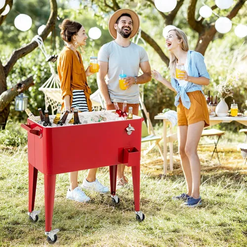 Miniatura 3 de HAPPYGRILL 80 Quart Rolling Cooler Cart with Lockable Wheels, Outdoor Beer Beverage Cooling Ice Chest with Bottle Opener & Cap Catcher, for Party
