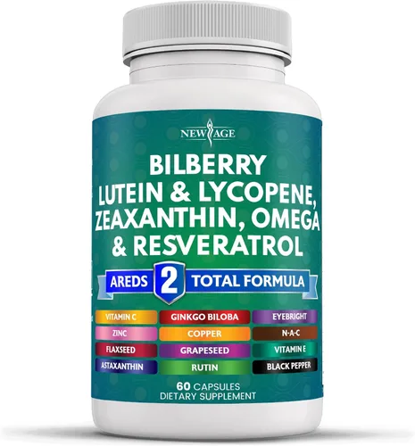 NEW AGE Vitaminas para la salud ocular con arándano, luteína y zeaxantina, licopeno, resveratrol, semillas de uva, astaxantina, vitamina para los