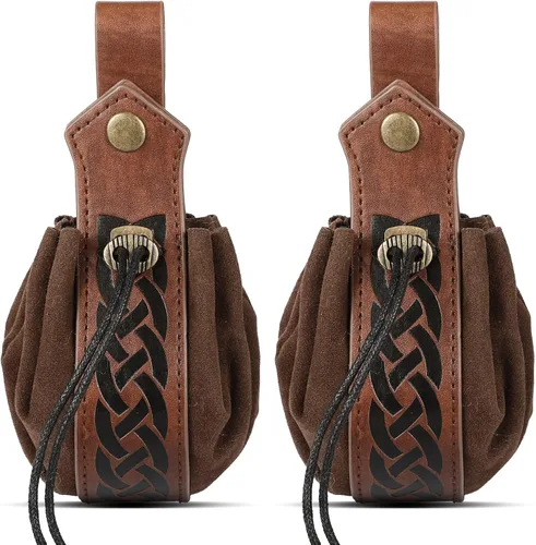 2 bolsas medievales de piel sintética portátil con cordón, bolsa medieval para cinturón, bolsa para cinturón renacentista vintage, bolsa de dados