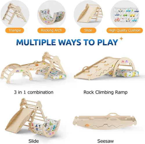 Miniatura 2 de Conjunto de Triángulo Pikler con Cojín 9 en 1 Plegable Juguetes de Escalada Montessori para Niños Pequeños 1-3 Parque Infantil de Madera