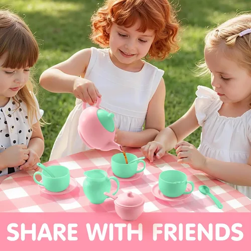 Miniatura 7 de JOYIN Juego de 18 piezas de fiesta de té de simulación, juego de té de plástico, mini cocina para niños, regalos para niños y niñas de 3, 4, 5, 6