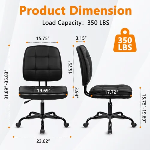 Miniatura 3 de CLATINA Silla de oficina en casa, sin brazos, con ruedas, ergonómica, de cuero, con respaldo bajo, altura ajustable, giratoria de 360°, silla