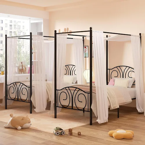 Miniatura 8 de VECELO Base de cama con dosel de metal, tamaño individual, base de colchón con plataforma de 4 pósteres con cabecero, soporte de listones de acero