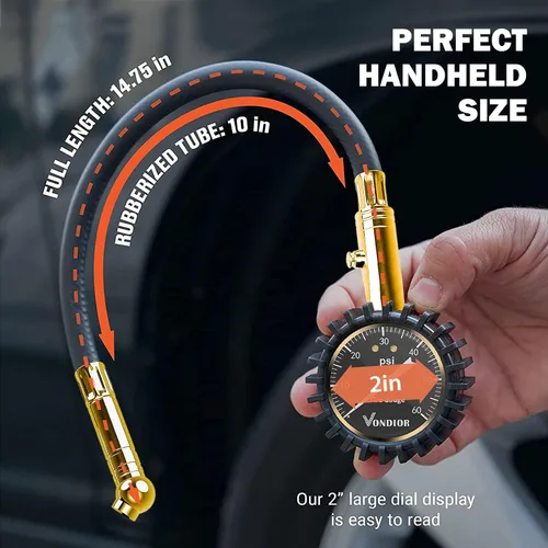 Miniatura 6 de Vondior Medidor de presión de neumáticos con tubo (0-60 PSI), medidor de presión de aire certificado ANSI preciso con esfera brillante grande