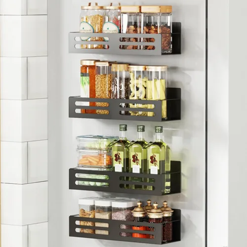 Estante magnético para especias para refrigerador, estante magnético para nevera, estantes magnéticos para refrigerador, paquete de 4 unidades, Negro