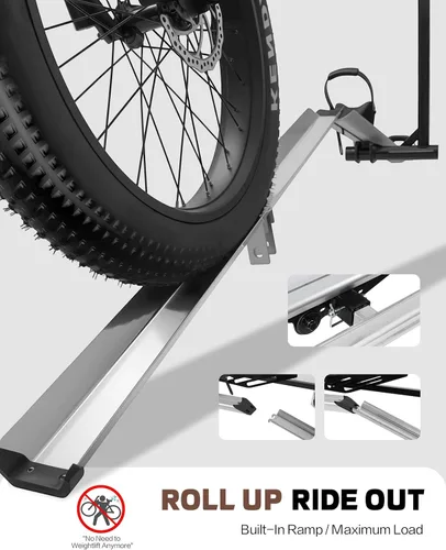 Miniatura 3 de RokRack S One 1-Ebike Rack con rampa, capacidad de 100 libras, soporte para bicicleta eléctrica de montaje en enganche único, se adapta a neumáticos