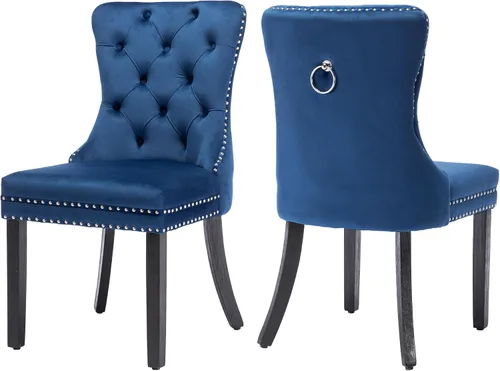 Miniatura 32 de Juego de 2 sillas de comedor, sillas de terciopelo acolchadas con patas doradas de acero inoxidable, anillo de tracción de metal con remaches
