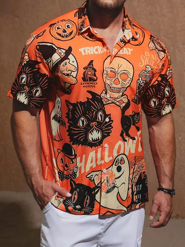 Miniatura 4 de Hardaddy Camisa de Halloween para hombre, manga corta, con botones, divertida impresión, casual