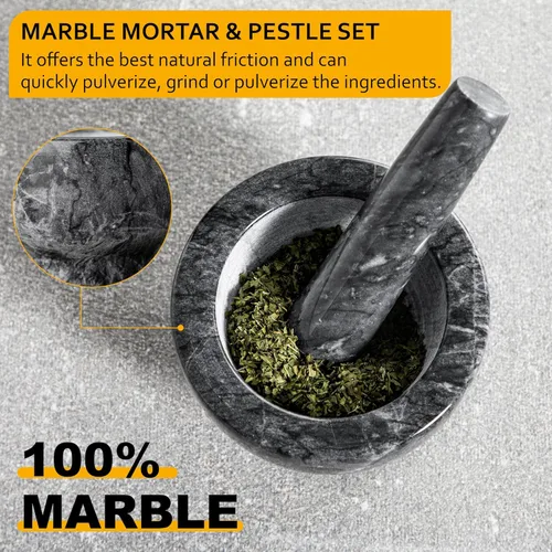 Miniatura 3 de Velaze Juego de mortero y mortero de mármol, mortero de 5.1 pulgadas y capacidad de 1.25 tazas, trituradora y trituradora resistente para especias