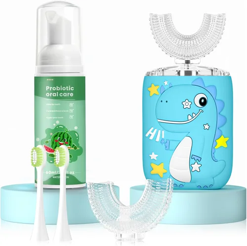 Miniatura 10 de Cepillo de dientes eléctrico en forma de U para niños, dinosaurio sónico, de boca completa, con 4 cabezales de cepillo suave, automático, 6 modos