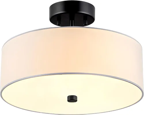 Lámpara de Techo Semiempotrada de 3 Luces, Lámpara de Tambor Negra de 13", Luz de Techo Moderna Cercana al Techo con Pantallas de Tela Blanca Tela