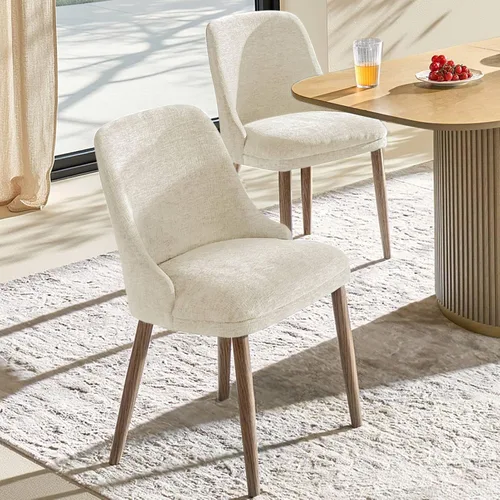 Miniatura 7 de HULALA HOME Juego de 2 sillas de comedor tapizadas de tela marfil con patas de madera maciza, respaldo acolchado, sillas decorativas modernas