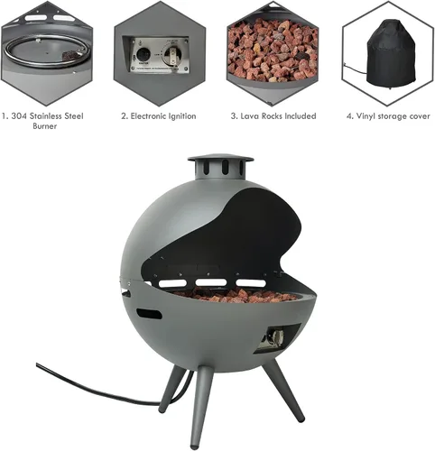 Miniatura 6 de Chimenea de gas exterior de 24 pulgadas, fogata de propano de 55,000 BTU con rocas de lava y cubierta de lluvia, hoguera semiesférica de 3 patas