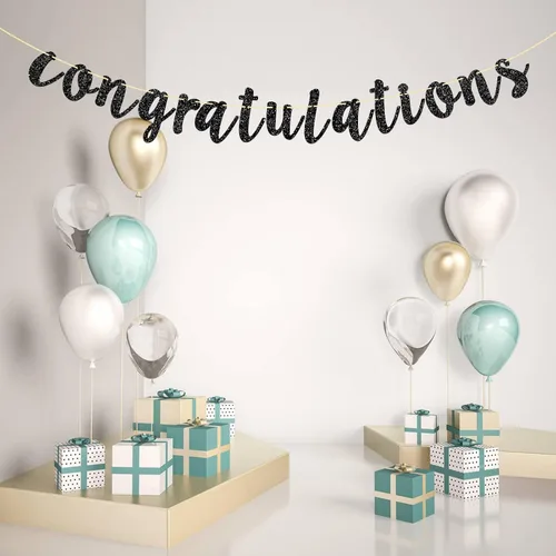 Miniatura 5 de Cartel de felicitaciones con purpurina negra para bodas, aniversarios, graduaciones, banderines de felicitaciones, suministros de decoración