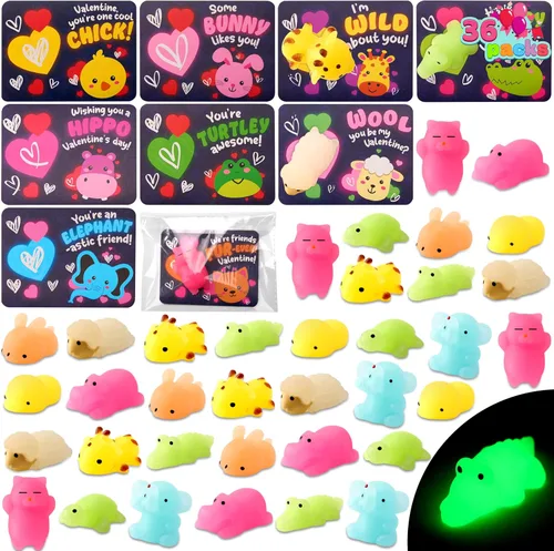 JOYIN 36 paquetes de tarjetas de regalo para el día de San Valentín con juguetes esponjosos Mochi que brillan en la oscuridad, 9 diseños de juguetes